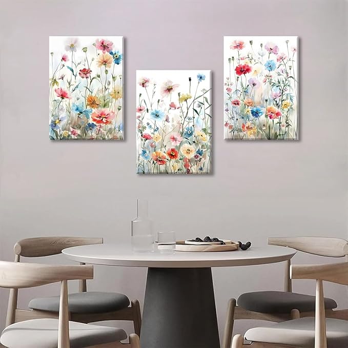 KISSFOX Framed Colorful Wildflower Canvas Wall Art Set Of 3 Flowers Pictures - Image 2