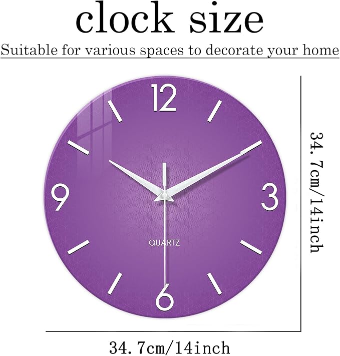 XFM Round Purple Wall Clock 14 Inch Silent Non-Ticking Battery Operated - Image 6