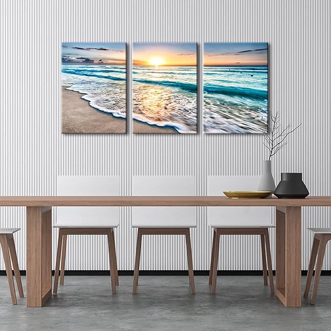 Wieco Art 3 Panels Blue Beach Sunrise White Wave Pictures on Canvas Wall Art - Image 2