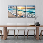 Wieco Art 3 Panels Blue Beach Sunrise White Wave Pictures on Canvas Wall Art - Image 2