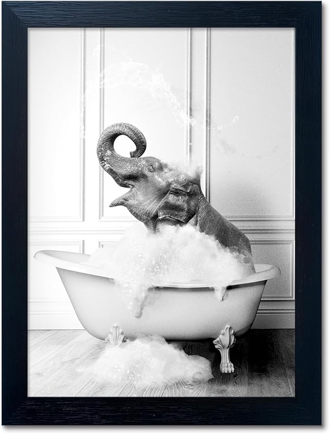 Framed Bathroom Decor Wall Art Elephant in Bathtub Pictures Wall Decor Funny by Melpa+Art