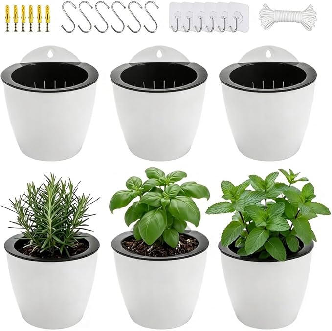 6 Pack White Hanging Planter Pots Self Watering Vertical Garden Wall Mount by OrimercGarden