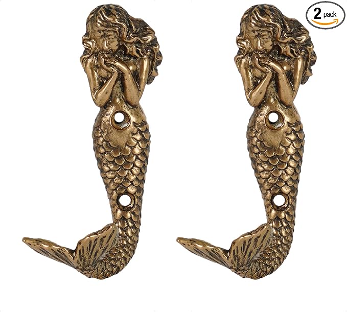 SOFFEE DESIGN 2pcs Gold Mermaid Shape Metal Wall Coat Hooks, Beach Decoration by SOFFEEDESIGN