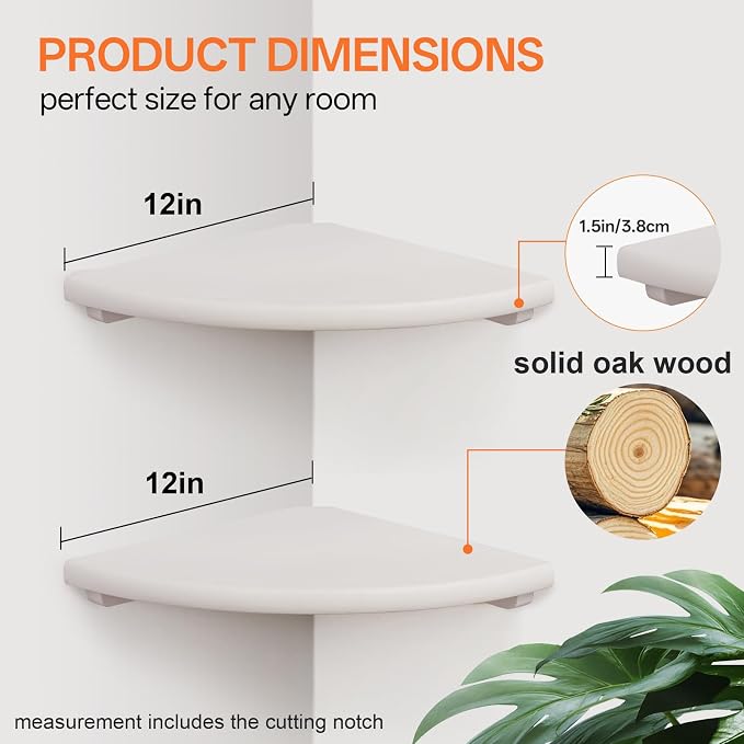 Gieanoo Floating Corner Shelves Set 2 16inch White Solid Oak Rounded Corner - Image 3