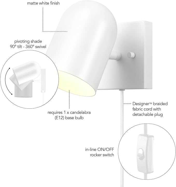 Globe Electric 65000146 1-Light Plug-in or Hardwire Wall Sconce, Matte White - Image 7