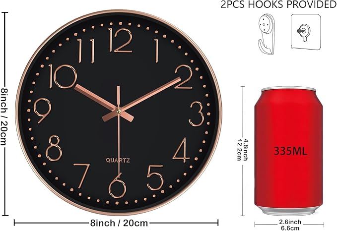 Silent Wall Clocks Battery Operated 8 Inch, Analog Wall Clock - Image 3