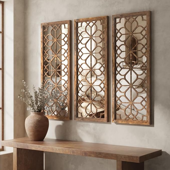 Set of 2 16x41.5 Inch Large Carved Floral Wood Frame Wall Mirrors, Shatterproof - Image 3