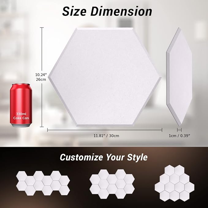 12 Pack Self-adhesive Hexagon Acoustic Panels, TONOR 12"x 10"x 0.4" High - Image 4