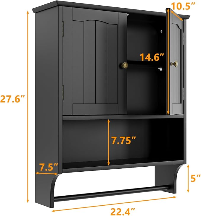 Black Bathroom Cabinet with Towel Rack, Bathroom Wall Cabinet with 2 Doors and - Image 2