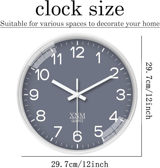XNM 12 Inch Grey Modern Minimalist Wall Clocks Battery Operated Silent Non - Image 3