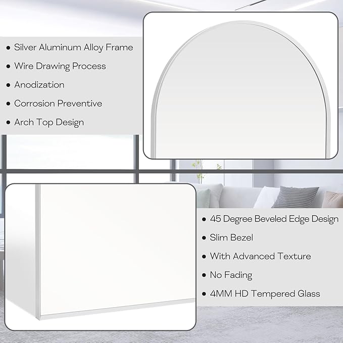 24" x 36" Silver Arched Mirror, Modern Aluminum Alloy Metal Frame, Arch - Image 4