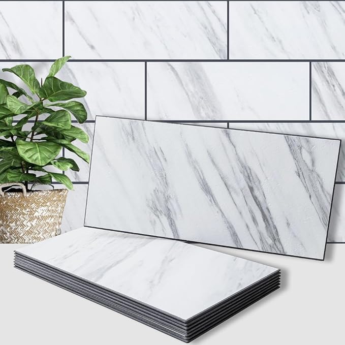 AULIGET 6" x 12" White Marble Peel and Stick Backsplash Wall Tiles, PVC Faux by AULIGET