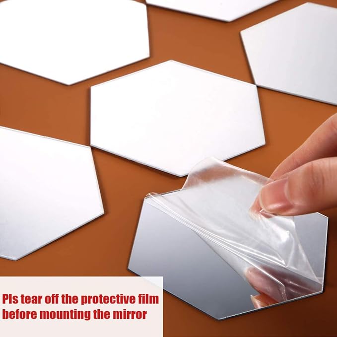 Shappy 32 Pcs Hexagon Mirror Wall Stickers Removable Silver Acrylic Mirror - Image 3