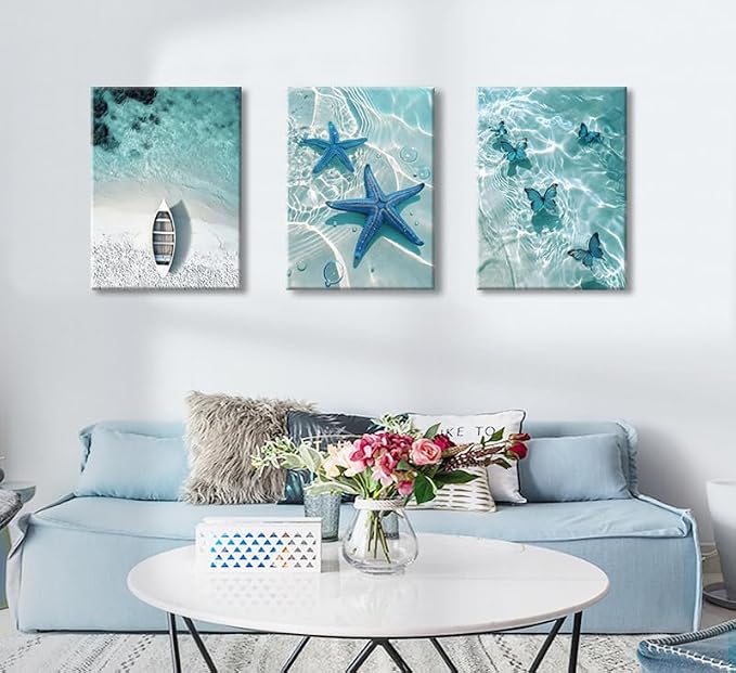 weiyiart Blue Ocean Canvas Wall Art Coastal Starfish Painting Prints Beach - Image 6