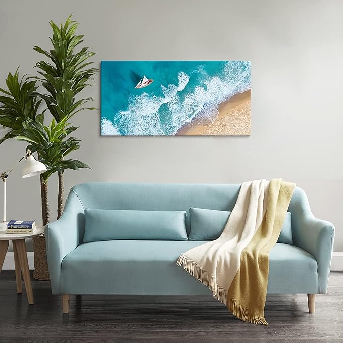Goldfoilart Blue Ocean Sea Beach Canvas Wall Art Sailboat Painting Print on - Image 4