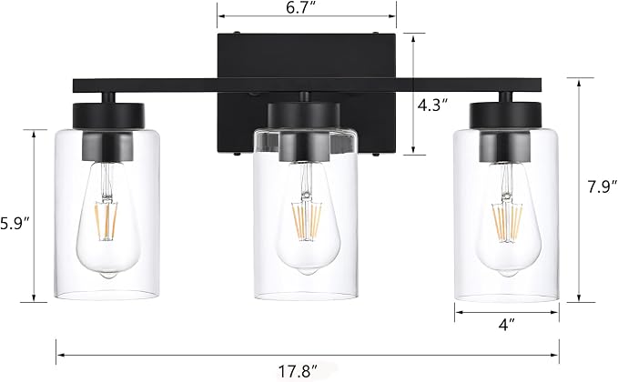 3-Light Bathroom Vanity Light, Modern Black Wall Lights - Image 2