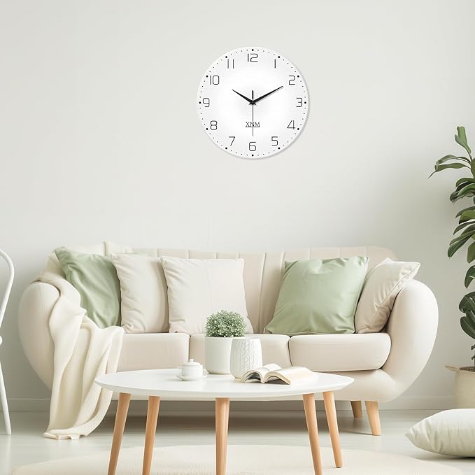 XNM White Simple Glass Wall Clocks Battery Operated 14 Inch Modren Minimalist - Image 2