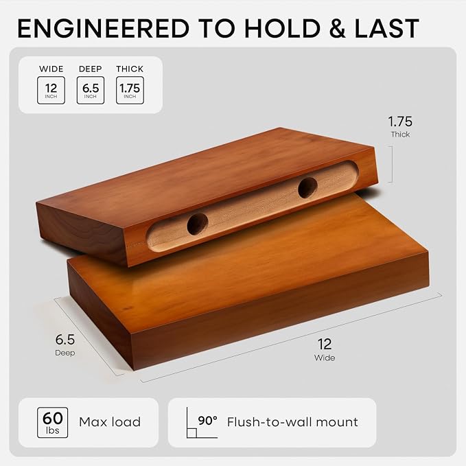 Homeforia 12 inch Oak Floating Shelf, High End Solid Real Wood 12inch Small - Image 2