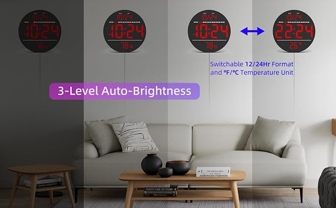 Digital Wall Clock with Large LED Display, Temperature, Auto-Brightness | Small - Image 5