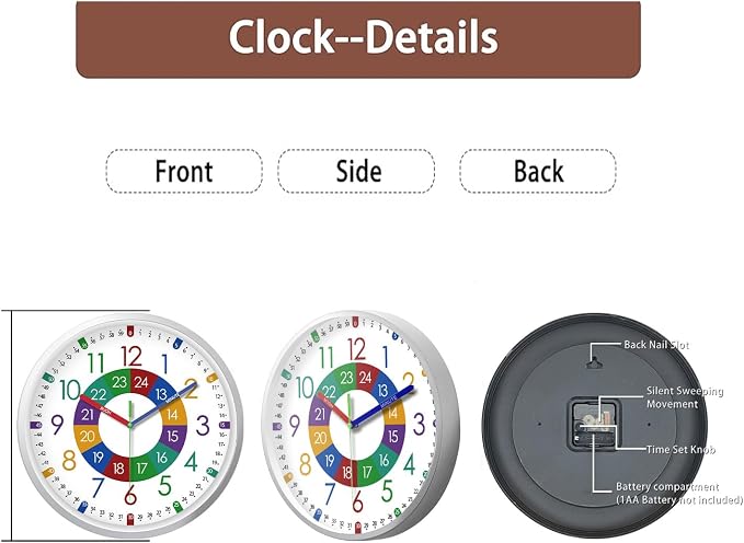 XFM Learning Clock for Kids Silent Non Ticking Battery Operated Colorful - Image 6