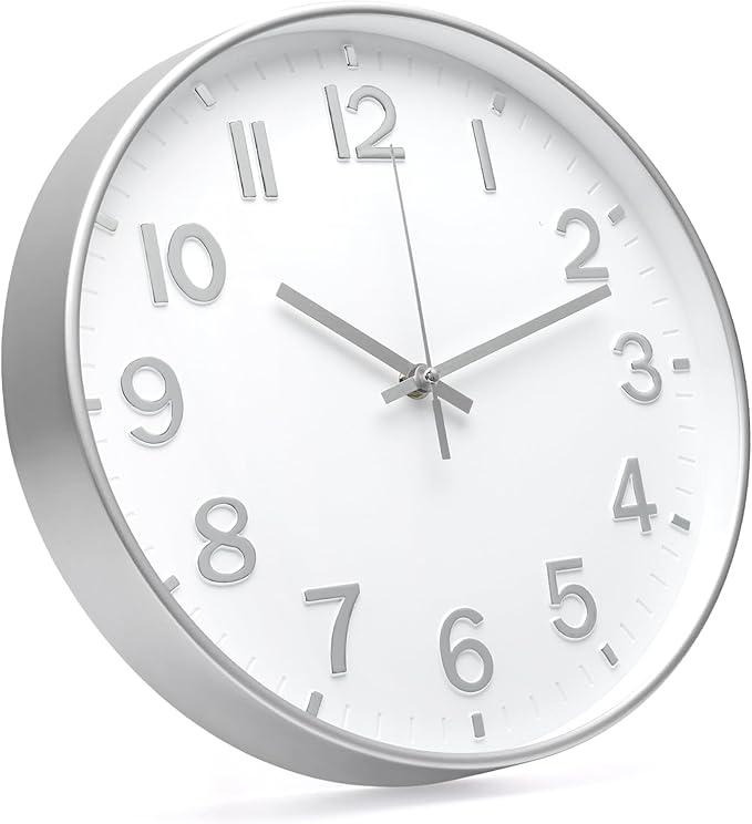 Wall Clock 12 In White-Silver Modern Simple Quartz Decorative Clock Non-Ticking - Image 2