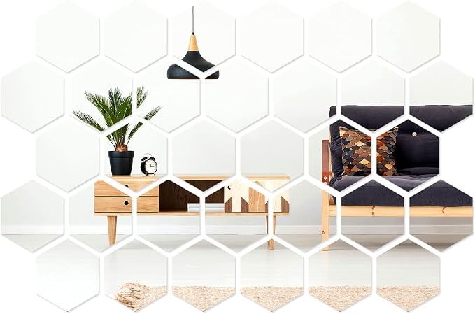 Shappy 32 Pcs Hexagon Mirror Wall Stickers Removable Silver Acrylic Mirror - Image 2
