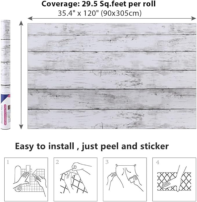 Arthome35.4 x 120 inches White Gray, Peel and Stick Wallpaper, Wood Contact - Image 7