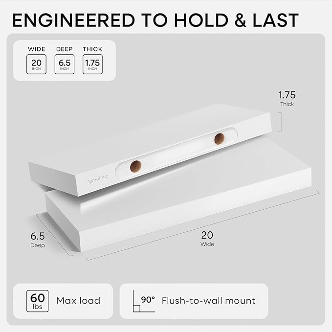 Homeforia White Floating Shelf 20 inch, High End Solid Real Wood 20inch - Image 2