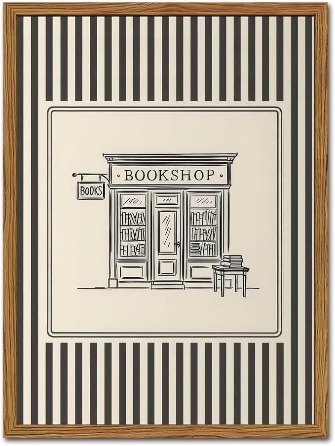 Vintage Striped Bookshop Wall Art, Retro Black and White Pictures Wall Decor by YYNISPINWallArt
