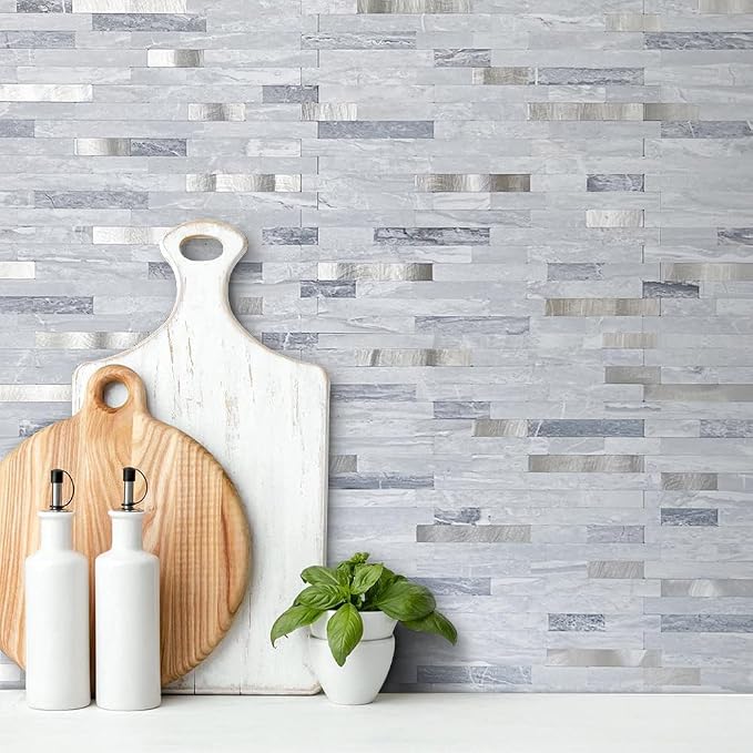 AULIGET Faux Stone Peel and Stick Backsplash, Light Grey Marble Look PVC Mixed - Image 2
