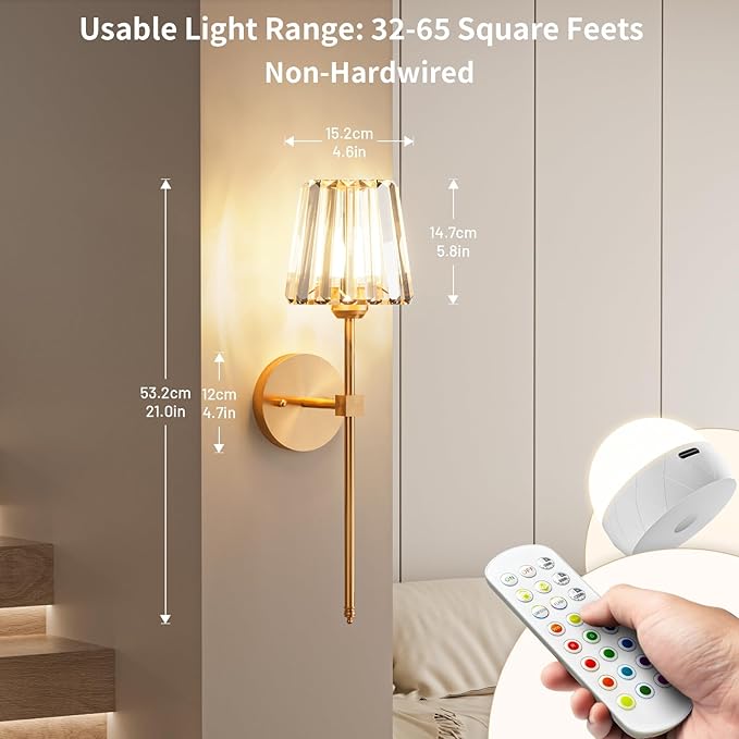 Crystal Battery Operated Wall Sconces Set of 2, 12 RGB and 3CCT Dimmable Wall - Image 3