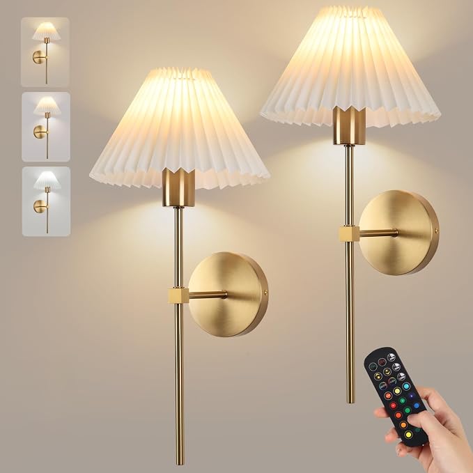 Gold Wireless Wall Sconce Sets of 2, Pleated Shades Rechargeable Battery by KELUOLY