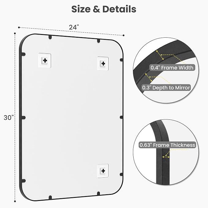 2-Pack 24x30 Inch Matte Black Bathroom Vanity Mirrors | Flush Mount Deep Set - Image 4