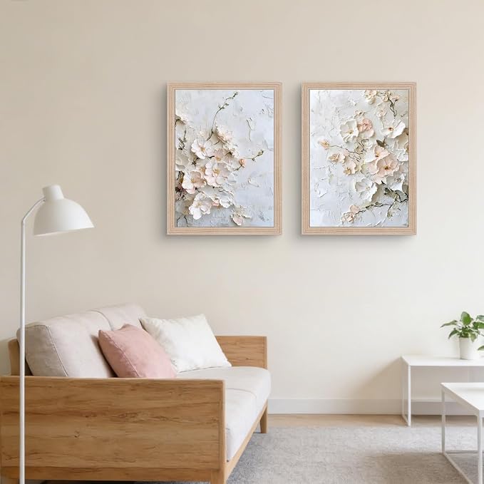 Framed 3D Floral Canvas Wall Art Textured Floral Oil Painting Modern Neutral - Image 4