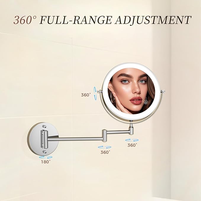 Rocollos Rechargeable Wall Mounted Lighted Makeup Mirror Chrome, 8 Inch - Image 5