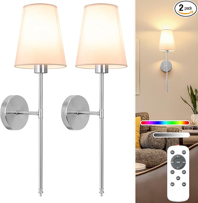 NIORSUN 25.4 inch Brushed Nickel Battery Operated Wall Sconce Set of 2 by NIORSUN