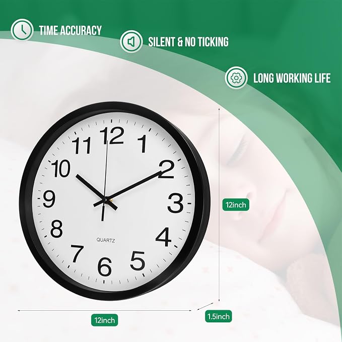 Wall Clock 12 Inch Metal Finish Silent Non Ticking Indoor Clock Round Battery - Image 3