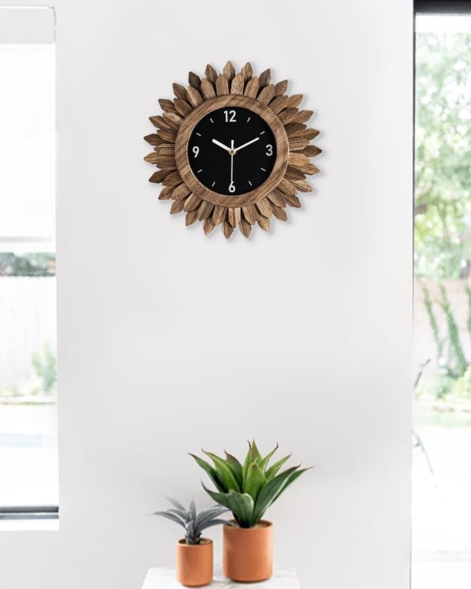 Honiway Wall Clock Battery Operated 12 in Rustic Wood Boho Sunburst Decorative - Image 7