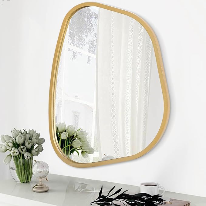 Gold Asymmetrical Mirror Large 20"x16" Irregular Oval Wall Mirror Modern Wood by HLFMVWE