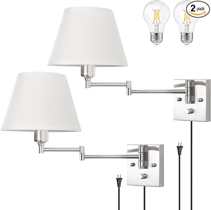TRLIFE Wall Sconce Plug in, Dimmable Wall Sconces Set of 2 Brushed Nickel Swing by TRLIFE