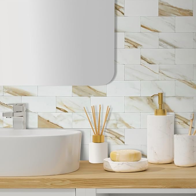 AULIGET 4-Piece Calacatta Gold Marble Look Peel and Stick Backsplash Wall Tiles - Image 4