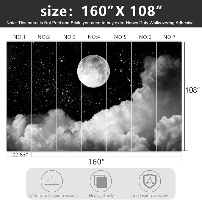 -Gray Galaxy Universe Moon Fabric Wallpaper Ceiling Starry Night White Clouds - Image 4