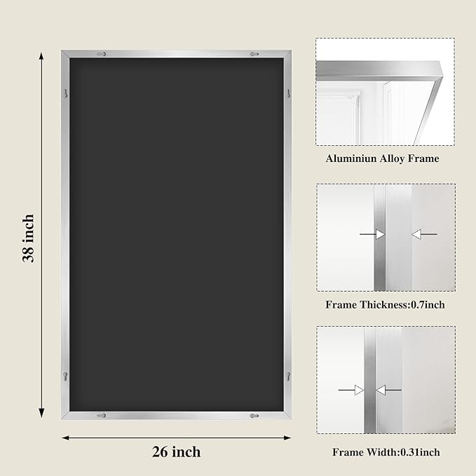 Koonmi Silver Rectangle Wall Mirror, 26x38 Inch Bathroom Mirror, Aluminum Frame - Image 2