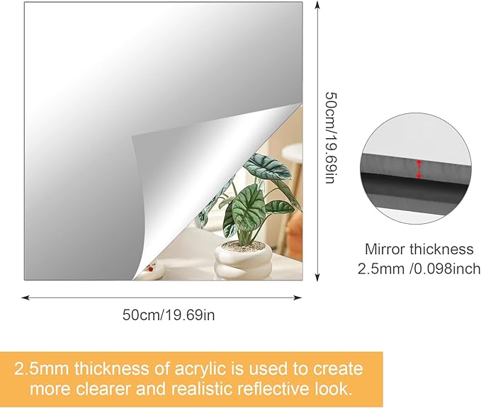 20x20 in Acrylic Mirror Sheet for Wall, 2.5mm Thick Unbreakable Non Glass Body - Image 2