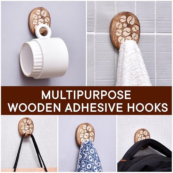 Indian Shelf 6 Lb- 6 Pieces Decorative Wood Adhesive Wall Hooks–Boho Peel and - Image 6