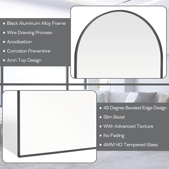 16" x 20" Black Arched Mirror, Arch Bathroom Wall Mirror, Metal Frame Arched - Image 6