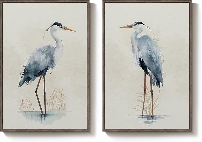 Large Framed Vintage Bird Wall Art, 2 Piece Neutral Blue Heron Canvas Painting - Image 9
