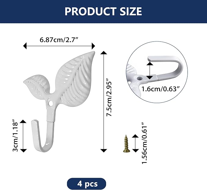 Set of 4 Vintage Leaf Wall Hooks White Metal Coat Hooks Heavy Duty Decorative - Image 2
