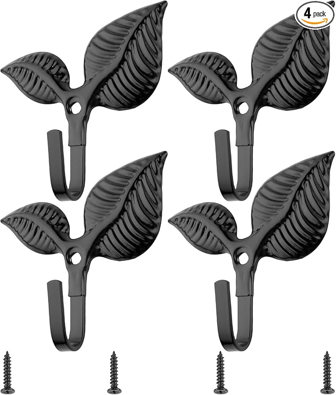 Set of 4 Vintage Leaf Wall Hooks Black Metal Coat Hooks Heavy Duty Decorative by Unknown