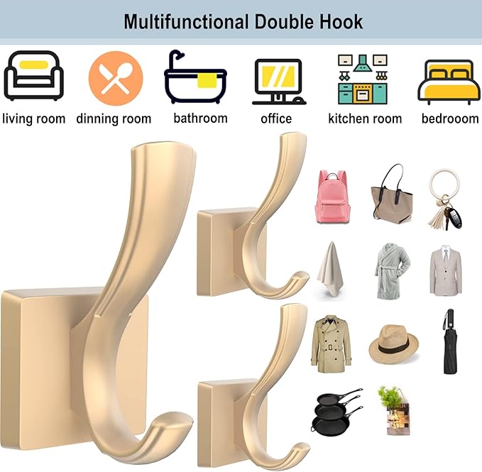 TOFIIGREM Gold Hooks for Wall Double Hooks, Heavy Duty Thick Bathroom Coat - Image 7
